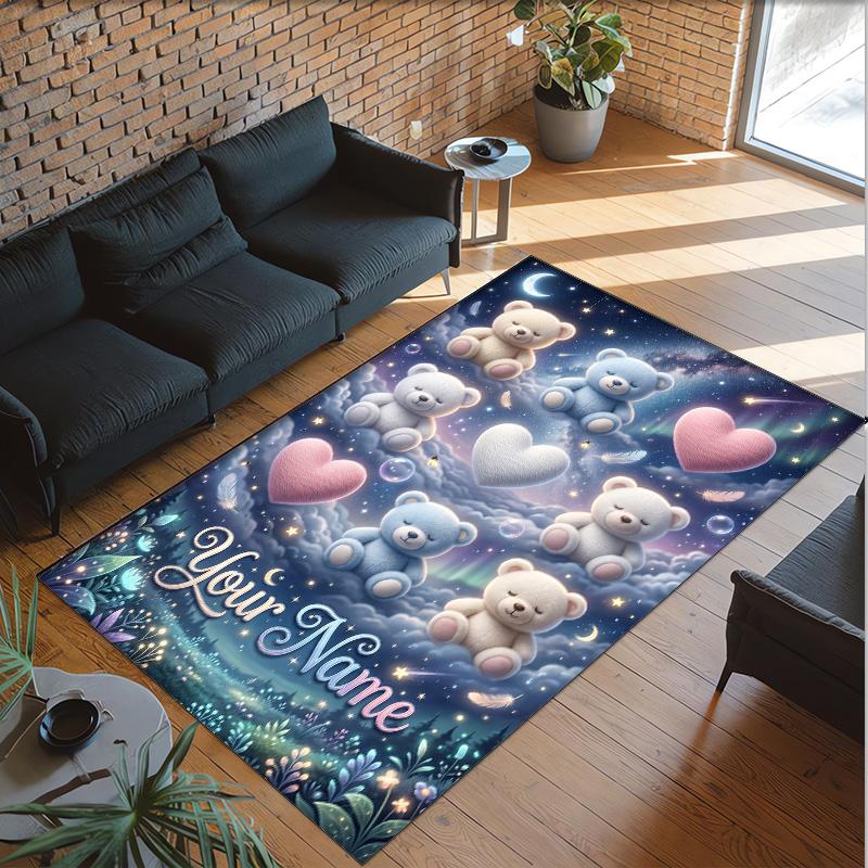 Teddy Bear Theme Crystal Velvet Rug Personalized Custom Name Text Soft Floor Mat Home Decor