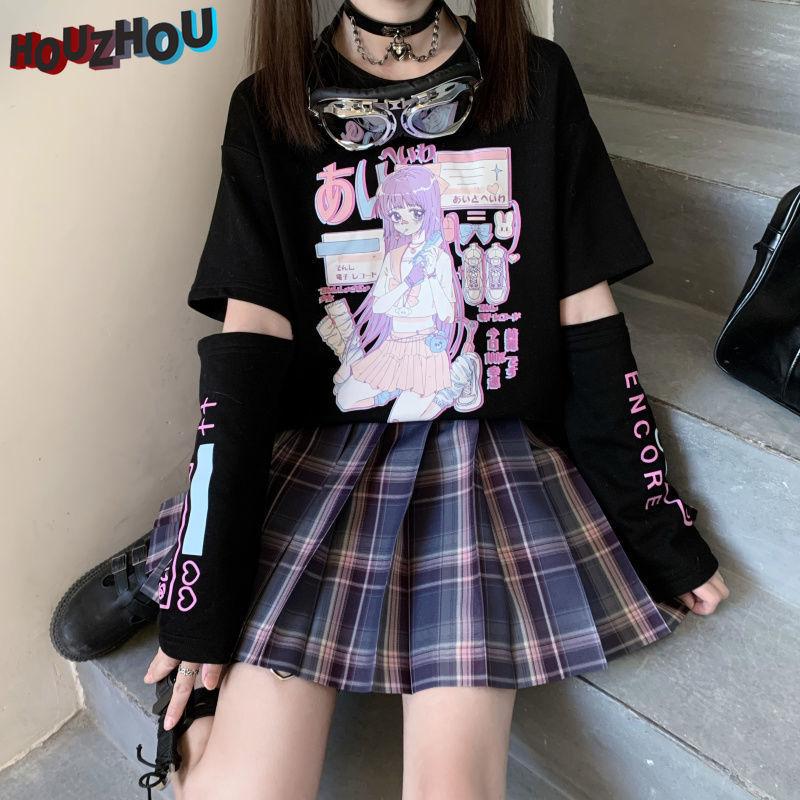 Kawaii Y2k E Girl, футболки с длинными рукавами и графическим принтом для женщин, черная футболка в стиле Харадзюку, японская уличная одежда, клубный стиль