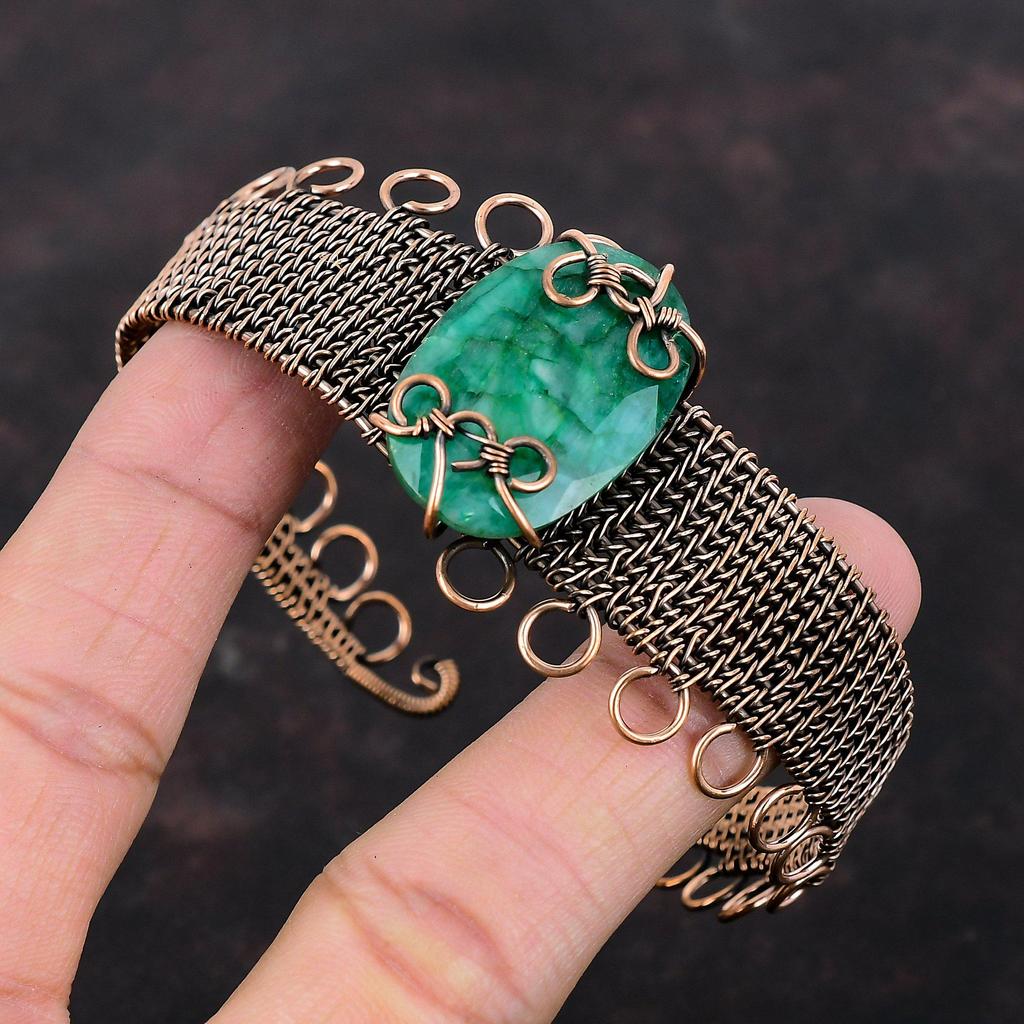 Faceted Zambian Emerald Gemstone Bangle Copper Wire Wrapped Cuff Bracelet Adjustable Bangle Copper Jewelry For Gift Handmade Elegant Bangle