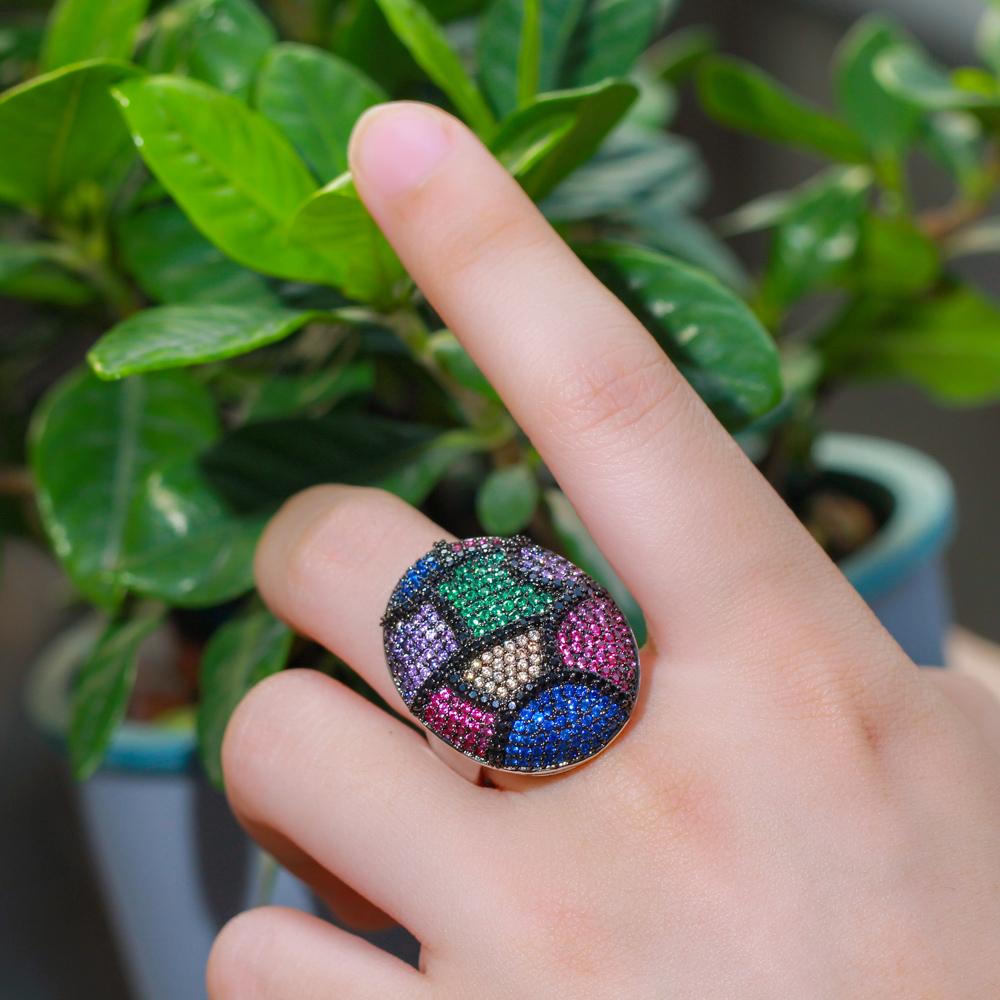 Кольцо CMM Chunky Statement Round Multicolor Cub Zirconia Big для помолвки и свадьбы серебристое регулируемое для женщин