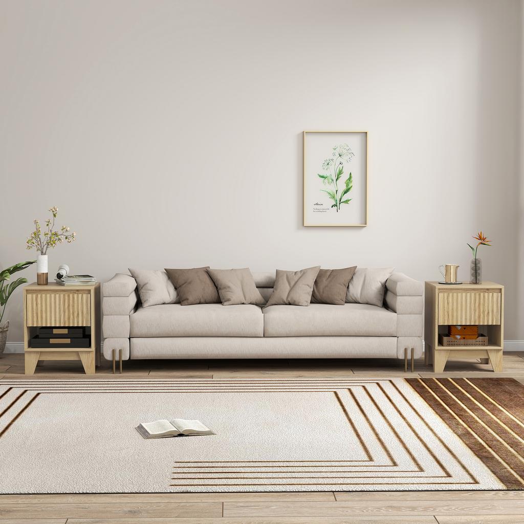 Set of 2 Narrow Nightstands, Open Compartment, 1 Drawer, Fluted Panels, 43x40x55 cm, Natural