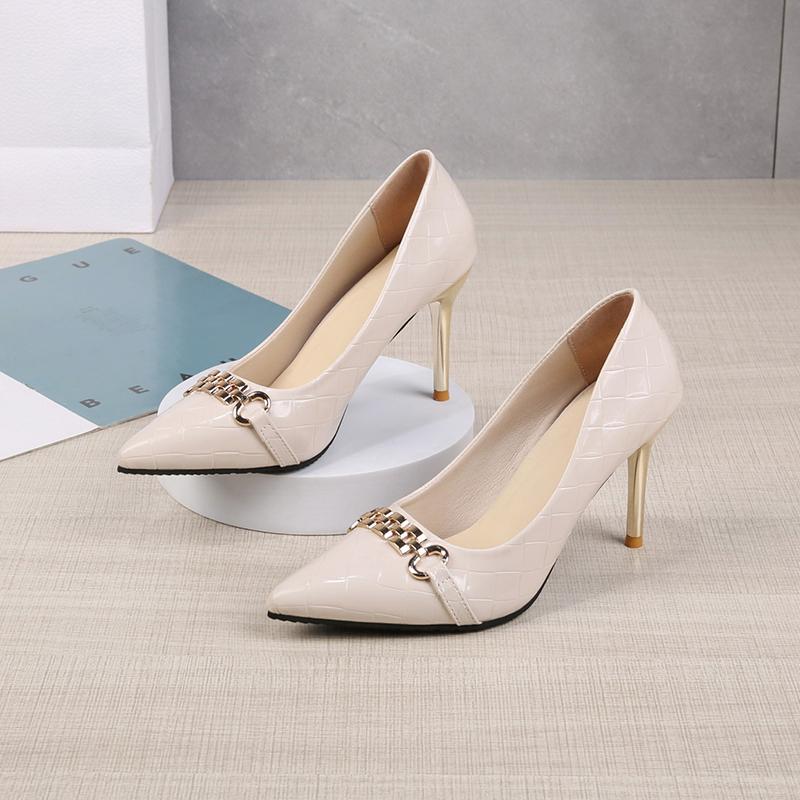 Women's High Heels Fall New Pointy Shallow Mouth Metal Chain Patent Leather Plaid Single Shoes