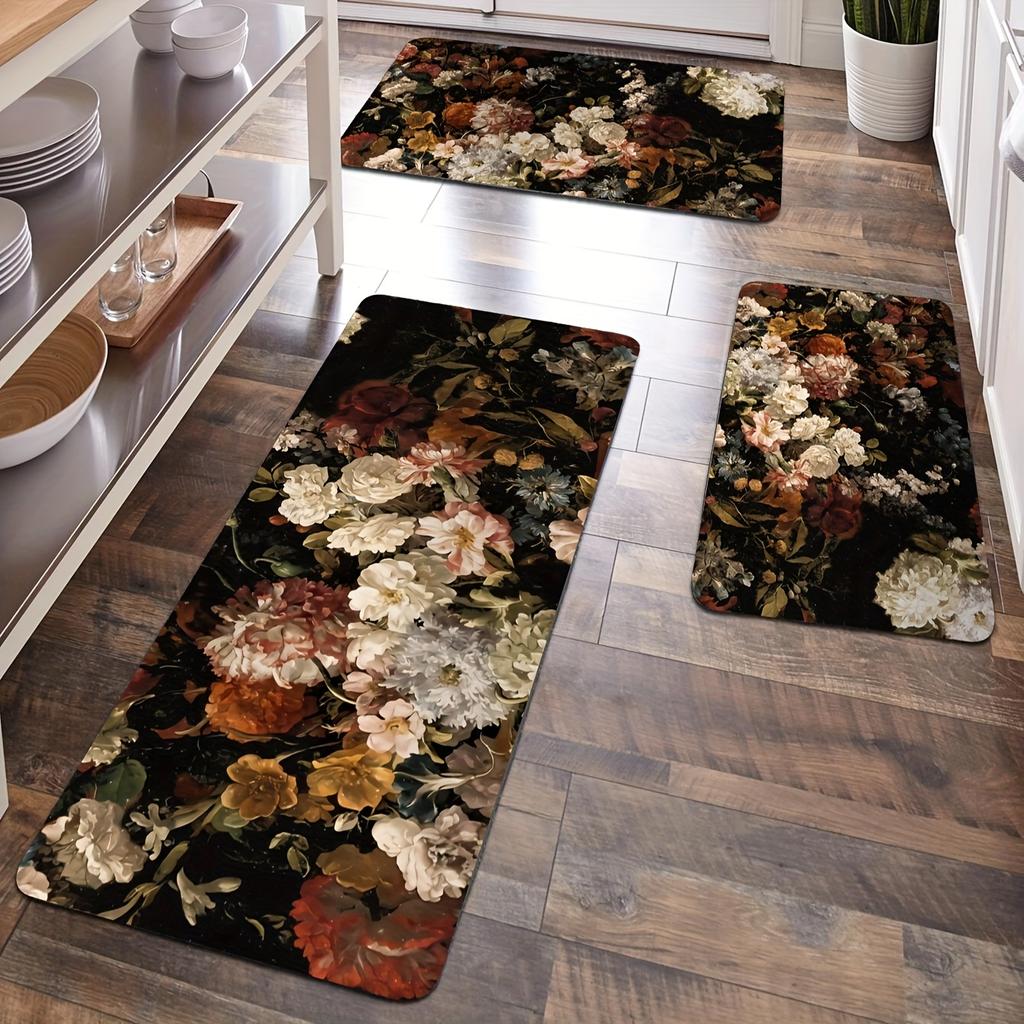 1Pcs Anti Fatigue Kitchen Rugs, Floral Print Waterproof Non-Slip Thick Cushioned Kitchen Mat Heavy Duty Comfort Standing Mat for Kitchen