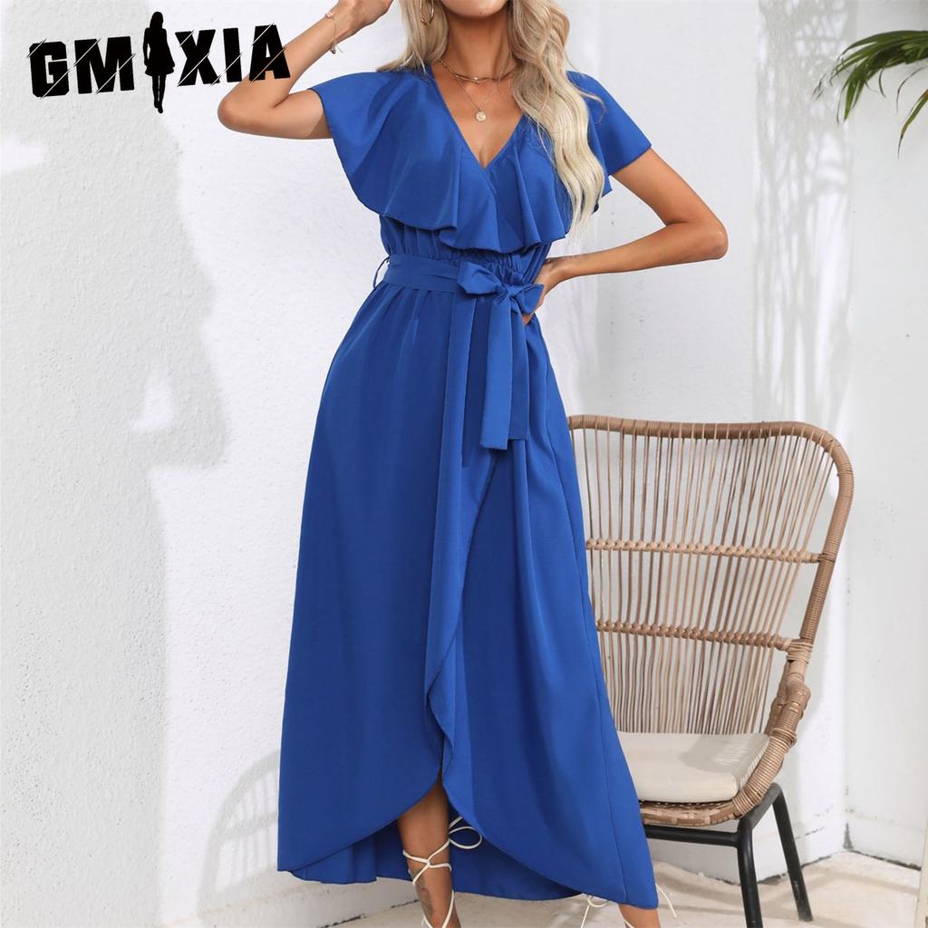 GMXIA Women's Fashion Summer Spring Solid Color Print Short Sleeve V-Neck High Waist Casual Dresses
