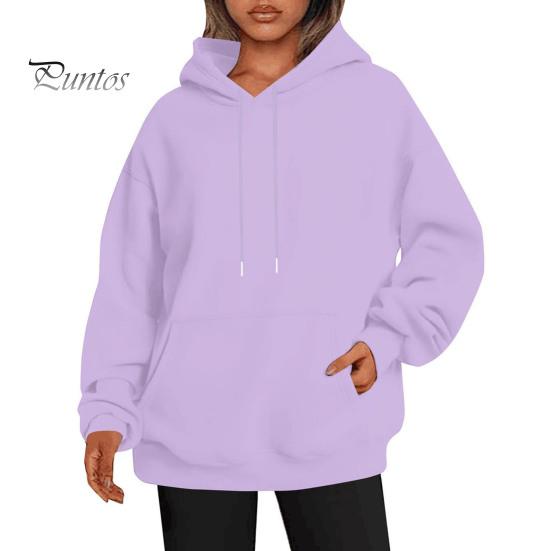 Women Fall Winter Hoodie Thick Hooded Long Sleeves with Big Pocket Plus Size Mid Length Solid Color Loose Elastic Cuffs Drawstring Sport Top