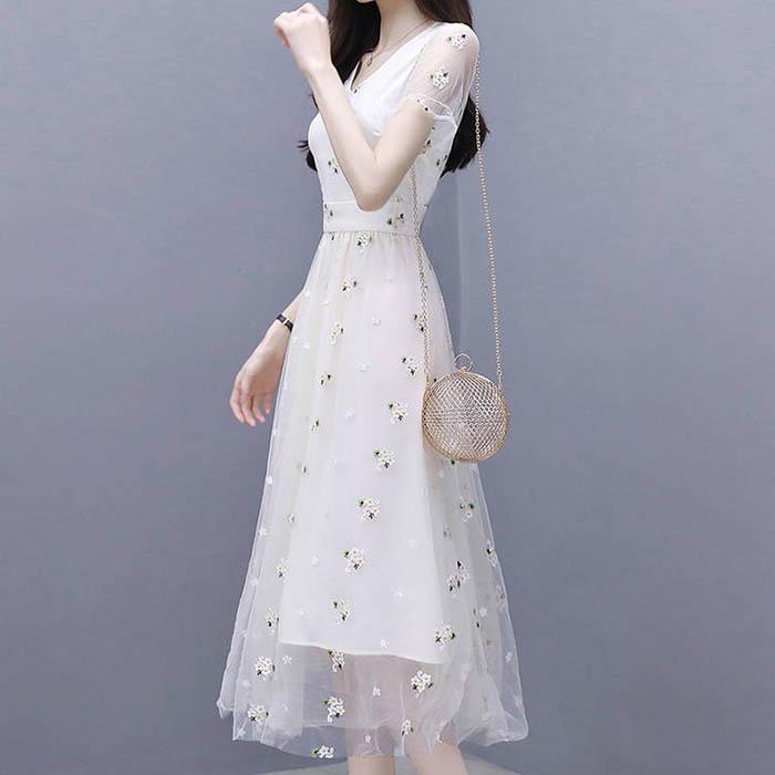 S-3XL женское летнее шифоновое сетчатое платье с v-образным вырезом, тонкое сексуальное длинное платье трапециевидной формы с короткими рукавами