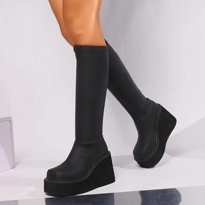 Мода 2024 года, высококачественная женская обувь, женские сапоги без застежек, модные сапоги с круглым носком, новые однотонные сапоги больших размеров на танкетке, до колена, Zapatos