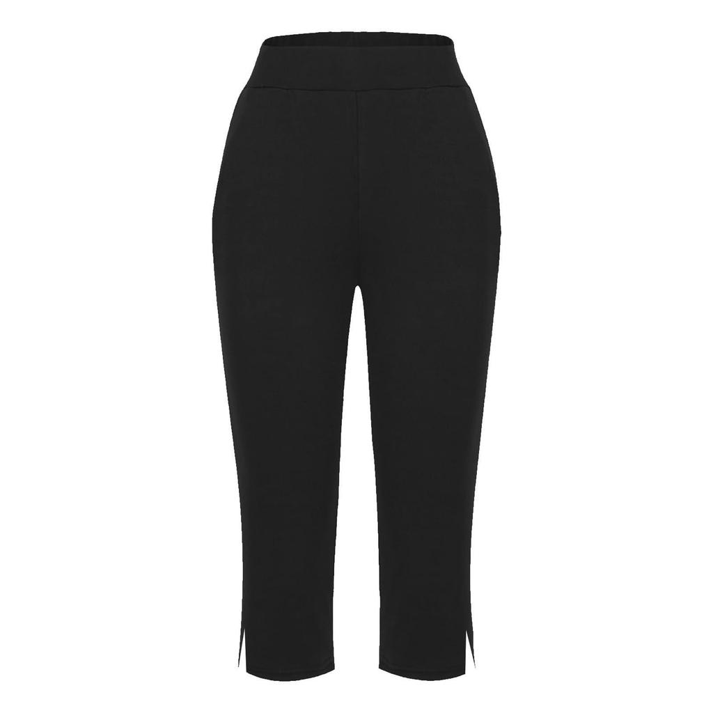 Women Elastic High Waist 3/4 Pant Casual Active Fit Wide Capris Leg Pants Trousers With Pockets