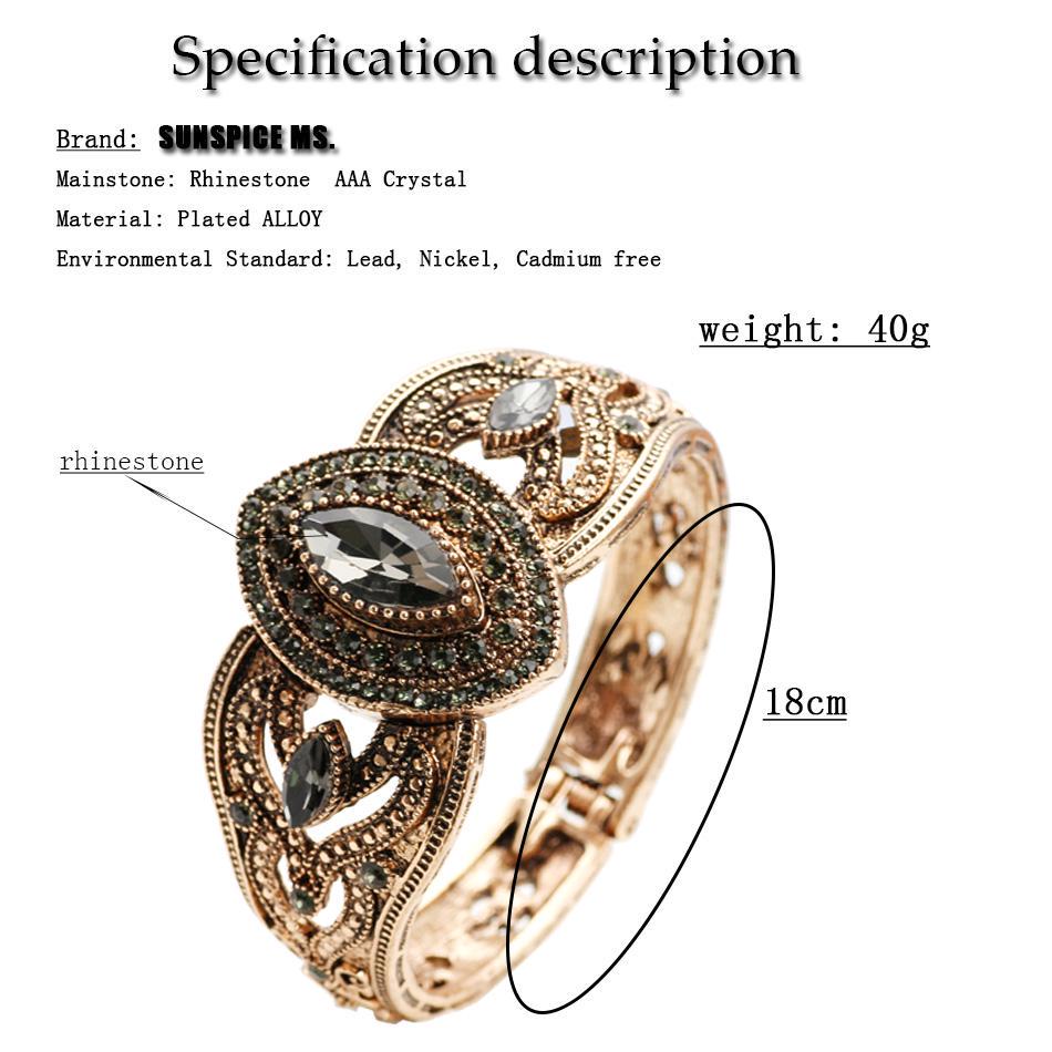 SUNSPICEMS Винтажный женский ретро браслет с серым кристаллом