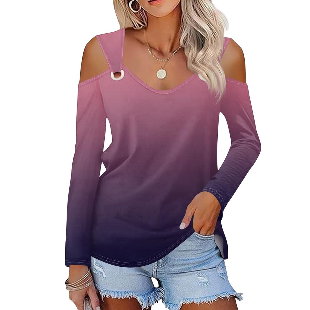 Women's Casual Shirt Blouse Print V-neck Sexy Cold Shoulder Long Sleeve Top