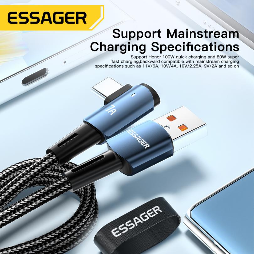 Essager 7A USB Type C Cable 90 Degree for OPPO 100W Fast Charing Cord for Honor Huawei Oneplus Realme Angled Charger Data Wire