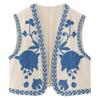 Women Vest Retro Floral Embroidery Color Matching Sleeveless Open Stitch Cardigan Loose Short Type Daily Waistcoat