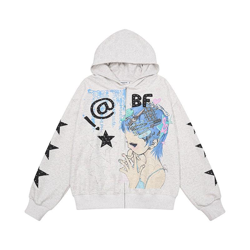 Vintage Cartoon Star Print Hoodie Loose Fit Streetwear Jacket Unisex Women