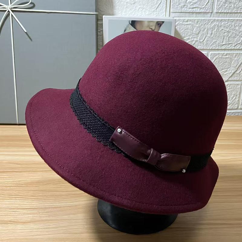 Retro small fragrant style lace edge bow pot hat lace brim bucket hat wool fashion hat show face small top hat