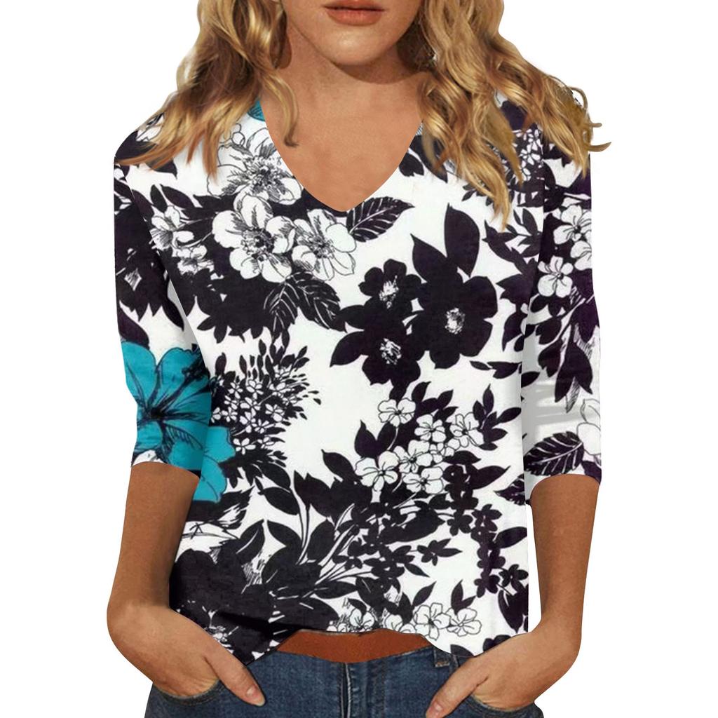 Women’s Fashion Everyday Everything Casual V-neck Seven-point Sleeve Printed T-shirt Top Tops for Women Womens Tops and Blouses