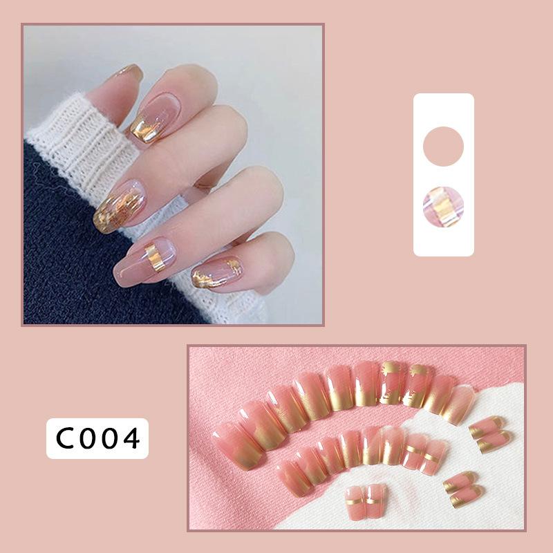 24 шт. новые французские золотые накладные ногти, длинные ногти, голая пудра, съемные носимые ногти, готовые ногти