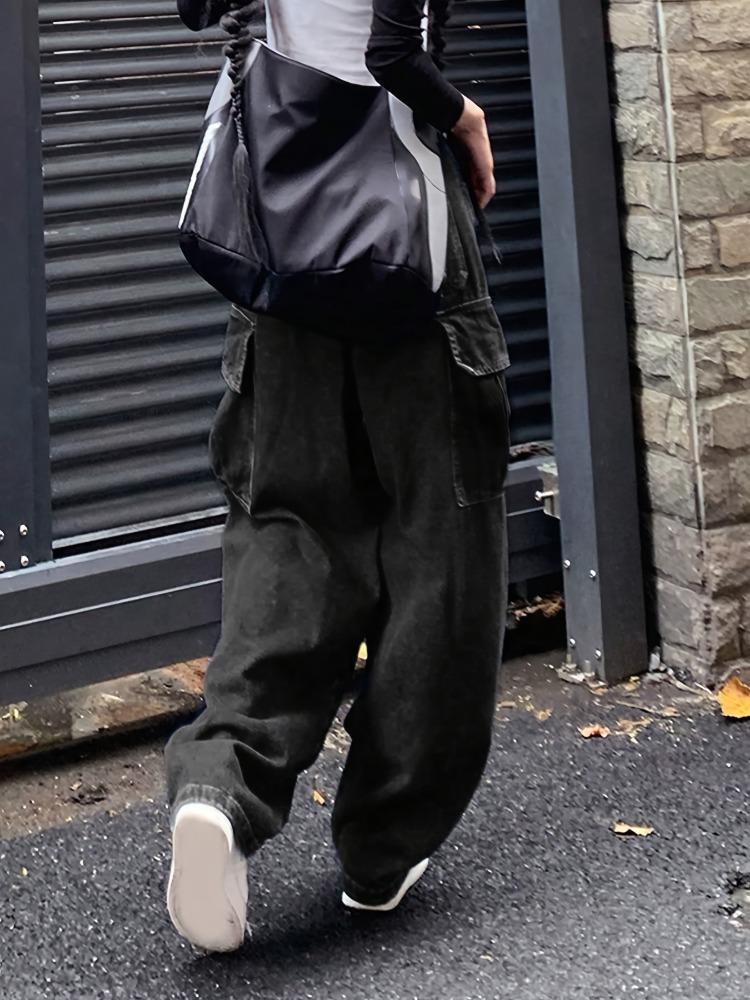 Простые свободные джинсы-карго с боковым клапаном и карманом, удобная уличная одежда с высокой талией, джинсовые брюки Y2K Kpop, женские джинсовые джинсы и одежда