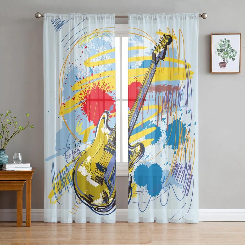 Music Notes Black Chiffon Sheer Curtains for Living Room Bedroom Home Decoration Window Voiles Tulle Drapes Curtain