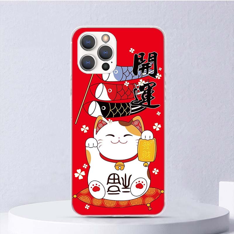 Счастливый Кот Манеки Неко Японский Мягкий Чехол Для iPhone 16 17 Air 16E 15 Plus 11 12 13 Mini 14 Pro Max Чехол Для Телефона Apple 7 8 SE Coqu