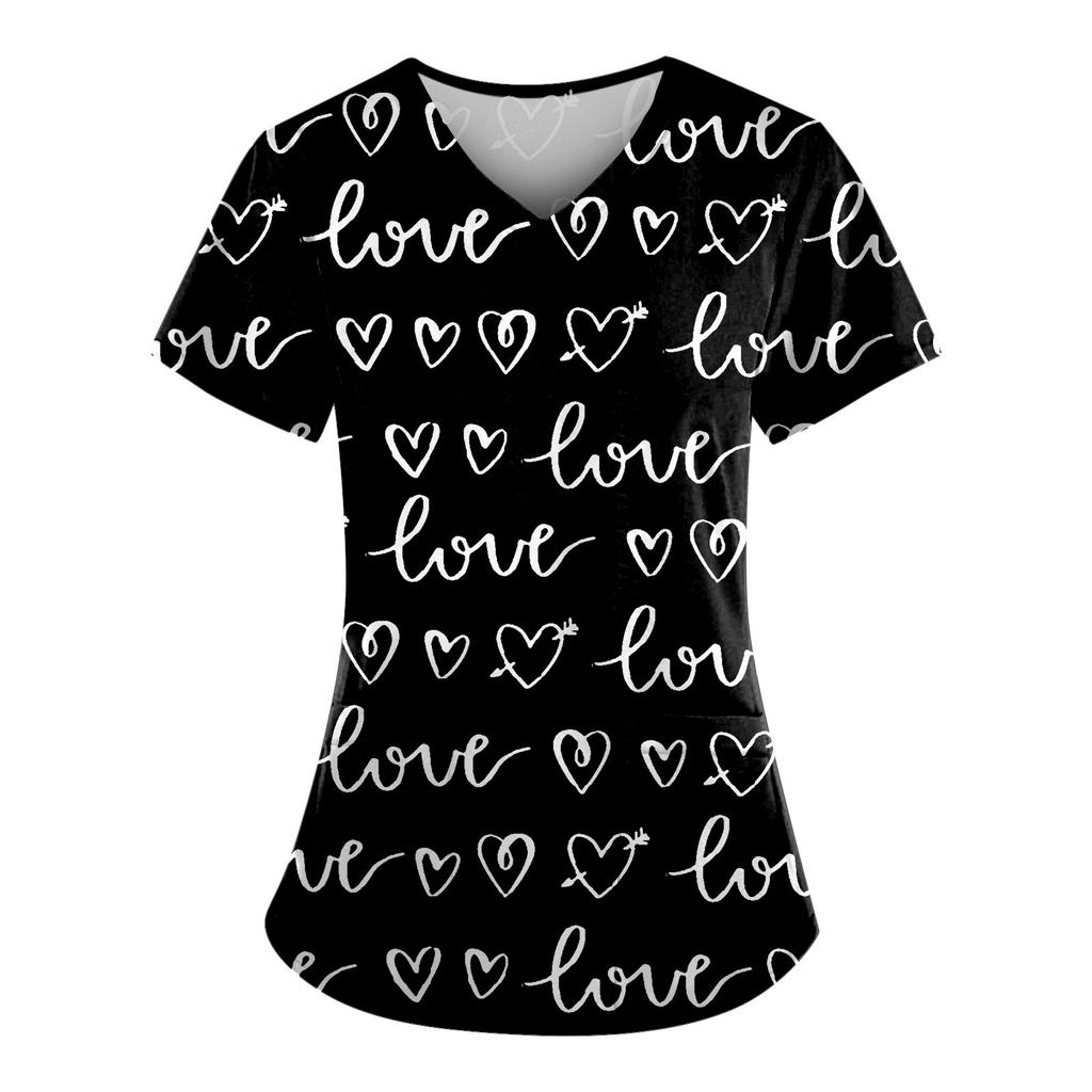 Plus Size Printed Scrub Working Uniform Tops For Women's V-Neck Short Sleeve Fun T-Shirts Workwear Tee With Pockets