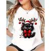 Women's Christmas Cute Cat T-Shirt with Santa Hat and Reindeer Antlers Pattern, Fashionable and Comfortable Top for Holiday Parties