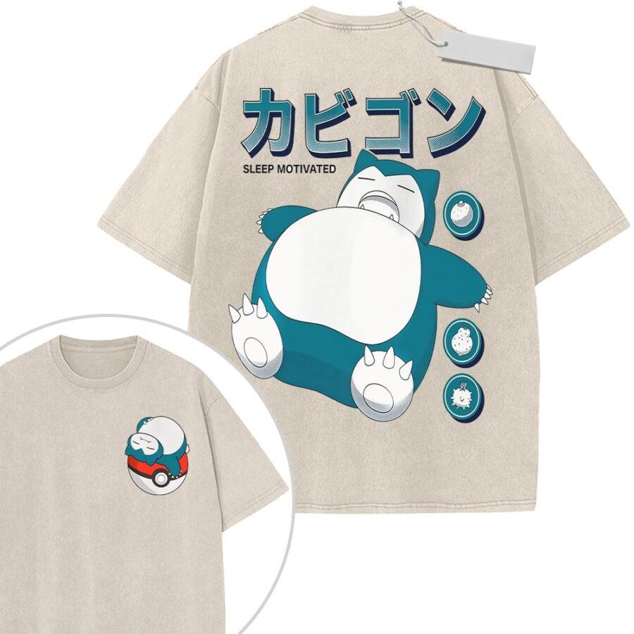 Unisex Washed Beige Vintage Tshirt Pokemon Multiple Characters Highquality Fabric for Home Leisure Travel Shopping