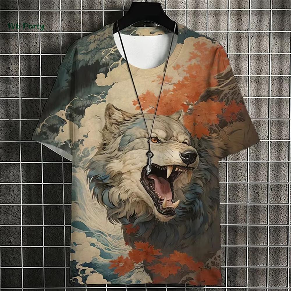 Японская мужская футболка с 3D-принтом, с узором животных в стиле укиё-э, футболка с коротким рукавом, летняя, уличная, повседневная, оверсайз, с круглым вырезом, топы
