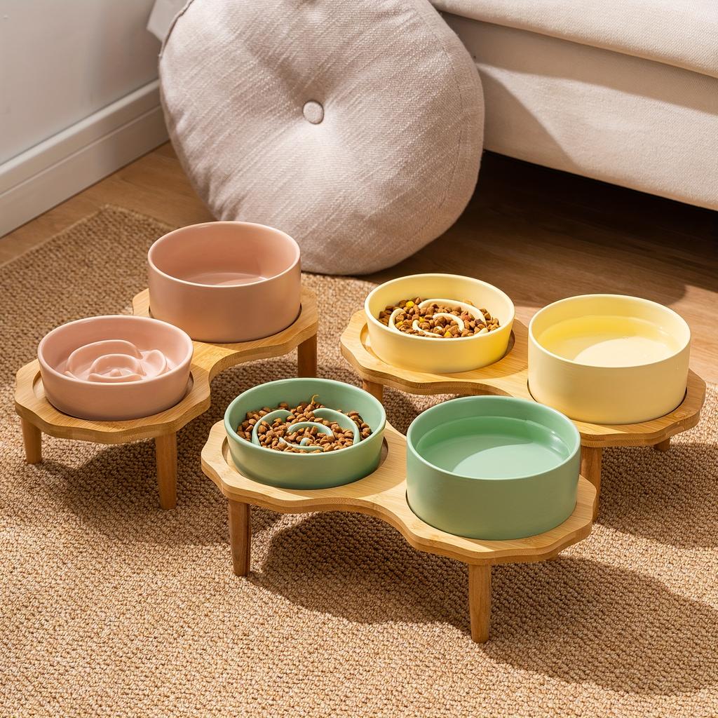 Bomei Ceramic Slow Feeder Dog Bowl - Anti-Choking & Anti-Spill Double Pet Bowls with Wooden Stand