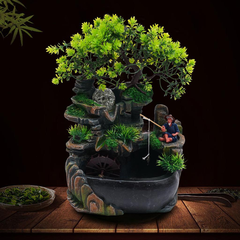 No Fog + Fishing Old Man Mini Mountain Fountain, Resin Zen Tabletop Waterfall Decor with Hidden Wiring, Stable Solid Base