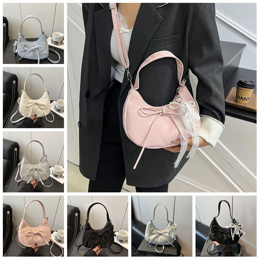 Lace Pearl Pendant PU Hobo Bag Solid Color French Style Handbag Fashion Bow Shoulder Bag Travel
