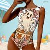 Women Plus Size High Round Neck Sleeveless One Piece Swimsuit White Halloween Ghost Pumpkin Print