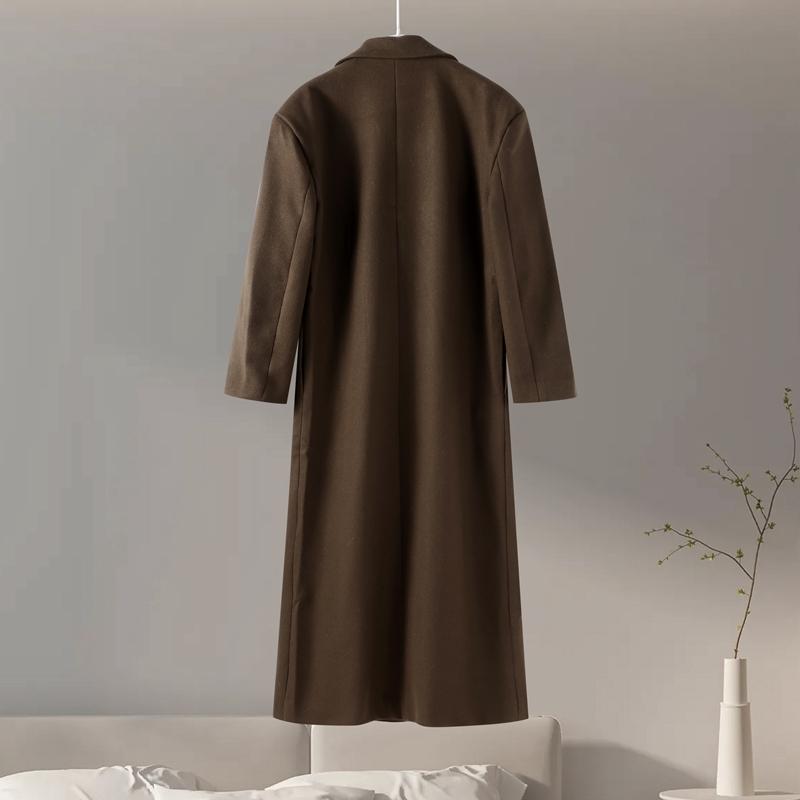 Brown Lapel Woolen Coat Synthetic Fabric Women's Double Breasted Long Sleeve Warm Coat Straight Tube Version Autumn and Winter
