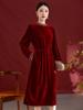 Festive Velvet Silk Dress: Round Neck, Solid Color, Mid-Length Skirt for Women 1983