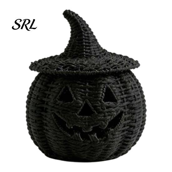 Hand Woven Seagrass Decor Handwoven Pumpkin Basket with Witch Hat Lid, Rustic Wicker Trick Autumn Indoor Decoration or Treat Bucket for Outdoor