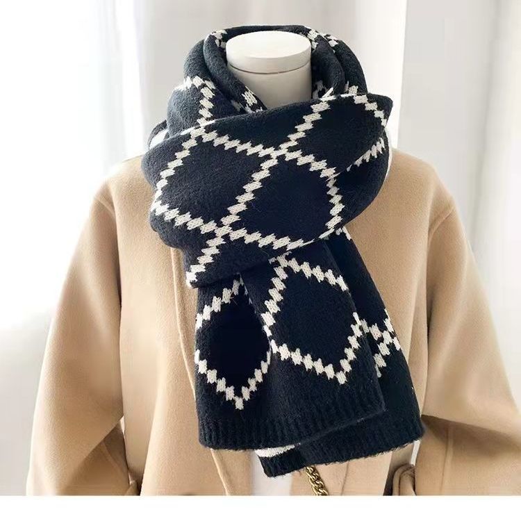 Милый Мягкий Девочка Женский Клетчатый Шарф Осень Зима Корейский Стиль Универсальный Утолщенный Теплый Вязаный Шерстяной Согревающий Шею