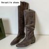 Замшевые женские сапоги челси до колена с острым носком, зимние туфли класса люкс на каблуках, гладиаторские сапоги, новые готические массивные ботинки Mujer