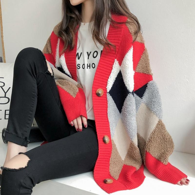 Клетчатый шикарный кардиган Argyle, свитер, женский осенне-зимний свободный кардиган с пышными рукавами, клетчатый оверсайз, женские свитера, топы 23825