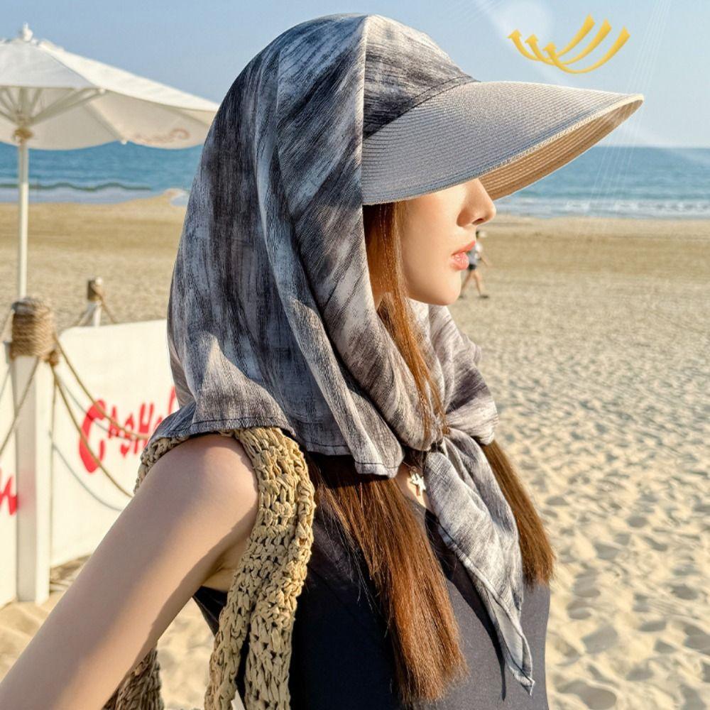 Print Summer Sun Hat Wide Brim Strappy Scarf Hat Portable Scarf Baseball Cap Girl