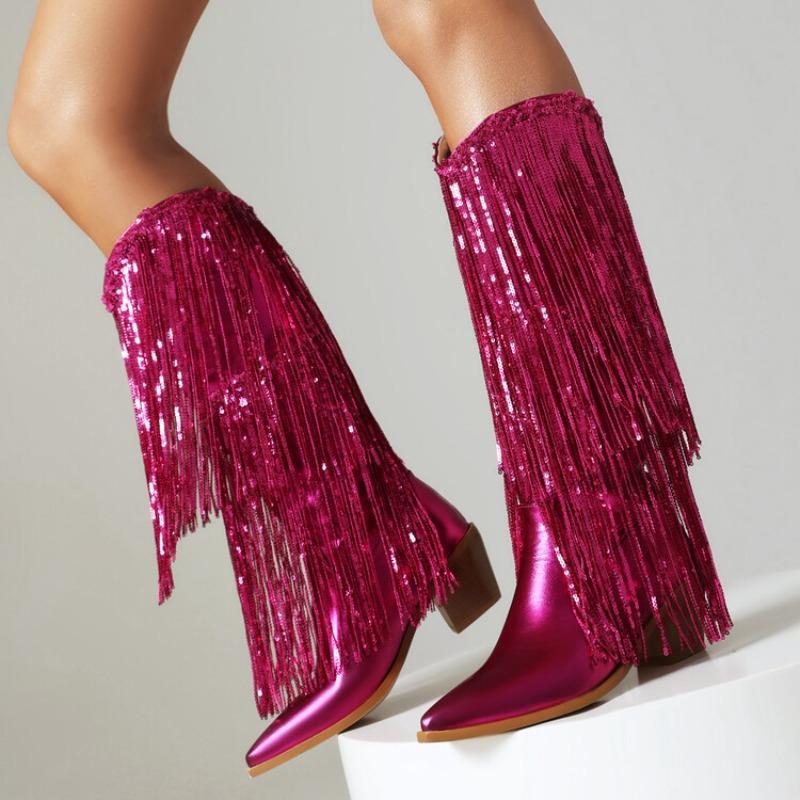 Женские сексуальные блестящие сапоги на толстом каблуке с кисточками, модные роскошные дизайнерские женские сапоги до колена, стильные заостренные женские сапоги-челси для подиума