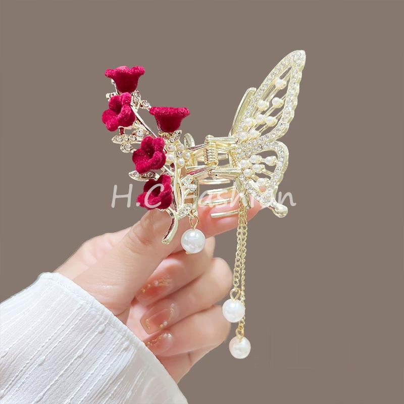 Tassel Butterfly Pearl Hair Clip Women Hair Claw Hairpin Hair Crab Hairaccessory