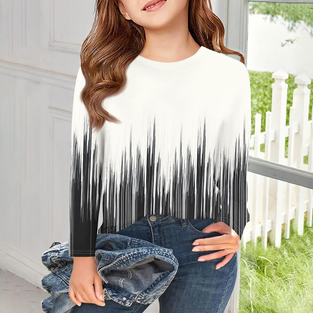 Футболки с длинным рукавом для девочек, детские осенние топы с круглым вырезом и принтом, базовые футболки для детей 5–14 лет