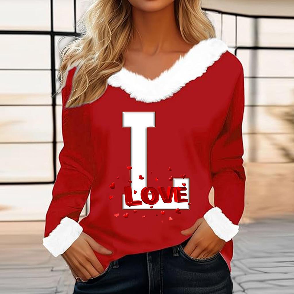 Женская футболка с принтом ко Дню святого Валентина, рубашка с длинными рукавами, шерстяной воротник, топ с V-образным вырезом и надписью «Любитель вечеринок»