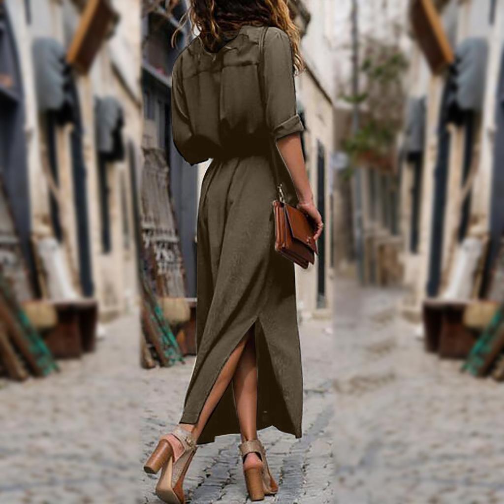 Женская повседневная свободная длинная рубашка с длинными рукавами и длинными рукавами, однотонное платье-рубашка