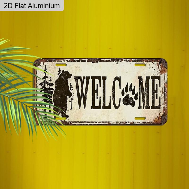 Плоский 2D, 1 шт. Алюминиевая табличка "WELCOME" с изображением медведя и отпечатком лапы, 12''x6'', в стиле деревенской хижины и лесного домика, для декора стен и автомобиля, для прихожей, крыльца, домика у озера