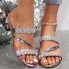 Fashion Spike Medium Heels Silver Sandals Luxury Crystal Decoration Slip On Slippers Women 2025 Summer Cross Tie Straps Gold Shoes