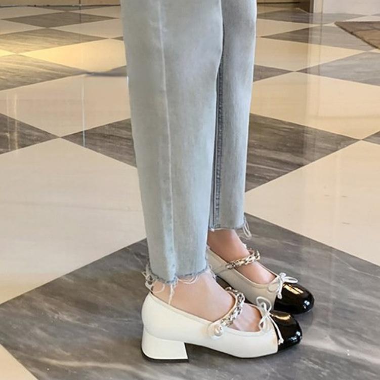 Square Head Low Chunky Heels Metal Costume Bow Flats Shiny Elegant Designer Shoes Women's Fashion Temperament Slippery Loafers