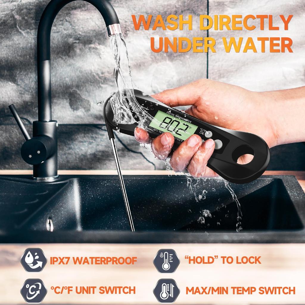 Цифровой термометр для мяса для гриля, водонепроницаемый пищевой термометр мгновенного считывания с точными показаниями, большой светодиодный дисплей с подсветкой для кухни и барбекю