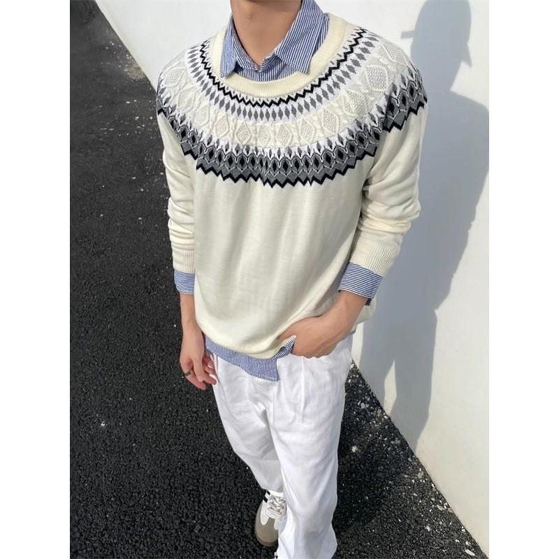Унисекс Ретро Свитер Крупной Вязки Fair Isle С Круглым Вырезом Свободного Кроя Для Повседневной Носки Зимний Пуловер