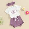 Baby Girls Shorts Set, Short Sleeve Letters Print Romper Elastic Waist Shorts with Hairband Summer Outfit