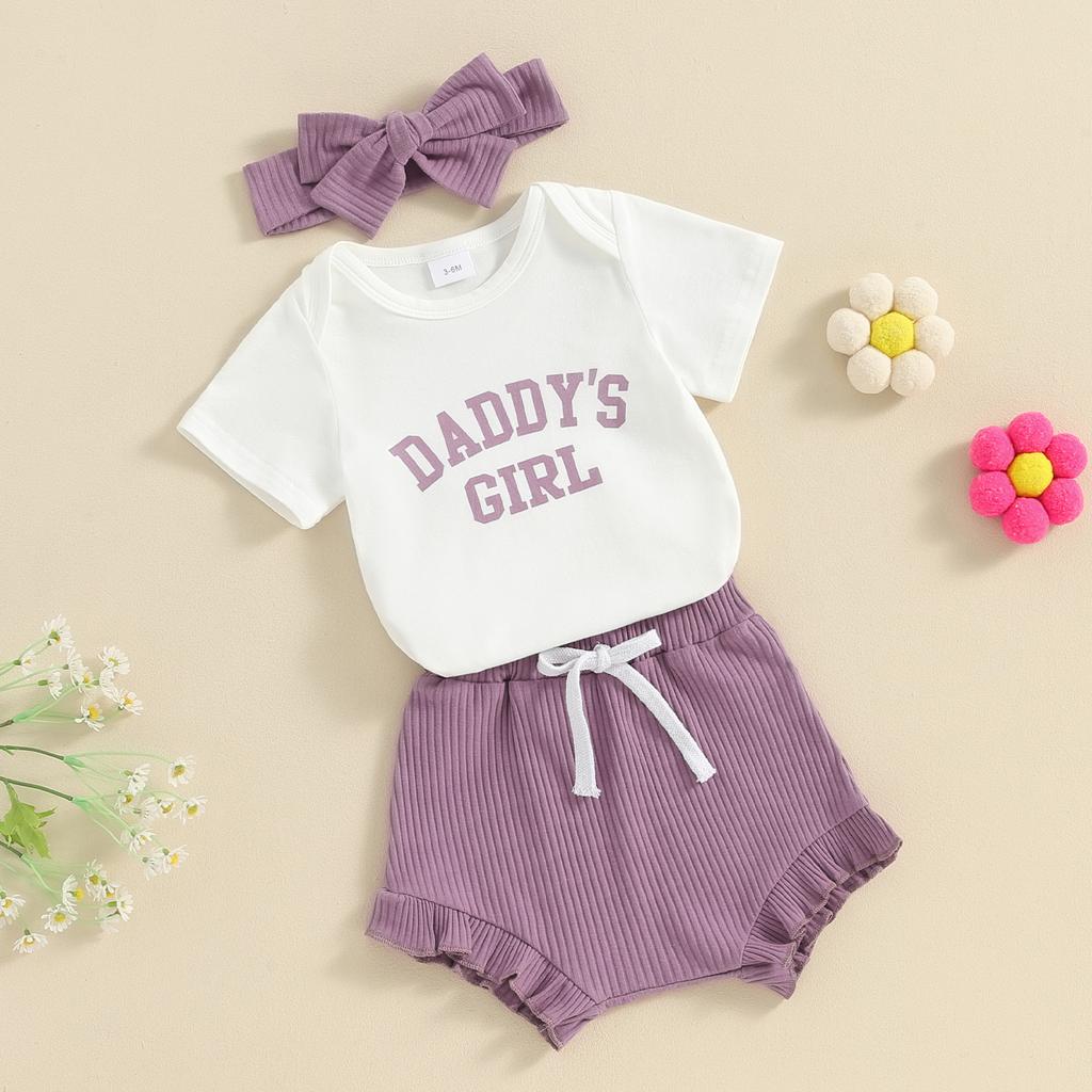 Baby Girls Shorts Set, Short Sleeve Letters Print Romper Elastic Waist Shorts with Hairband Summer Outfit